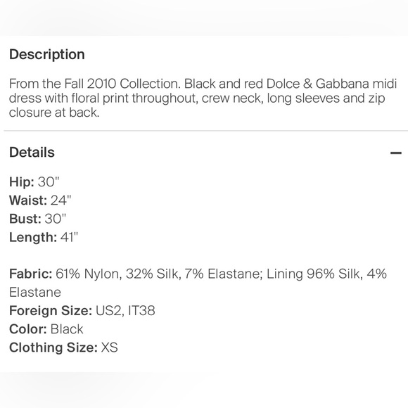 DOLCE & GABBANA Black & Red Floral Midi Dress - Sz US 2 / IT 38 - Picture 6 of 6